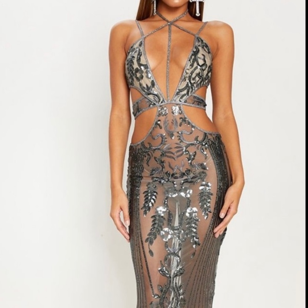 v neck cut out sequin dress